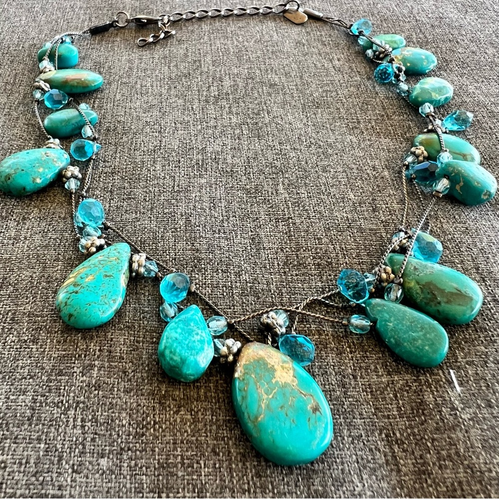 Dabby Reid Chunky Turquoise Beaded Necklace Silver Tone 16” Triple Strand - Picture 4 of 5
